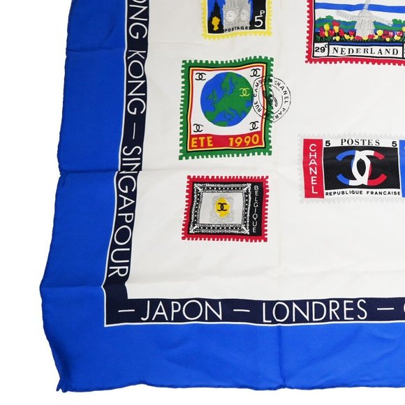 CHANEL CC Logo Stamp Pattern Scarf Handkerchief 100% Silk Blue Accessory 61RJ341 - Picture 10 of 11